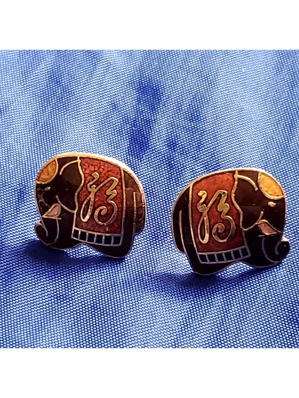 VTG Cloisonné Elephant Post Earrings Asian Enamel Gold Tone Boho 3/4" Ethnic